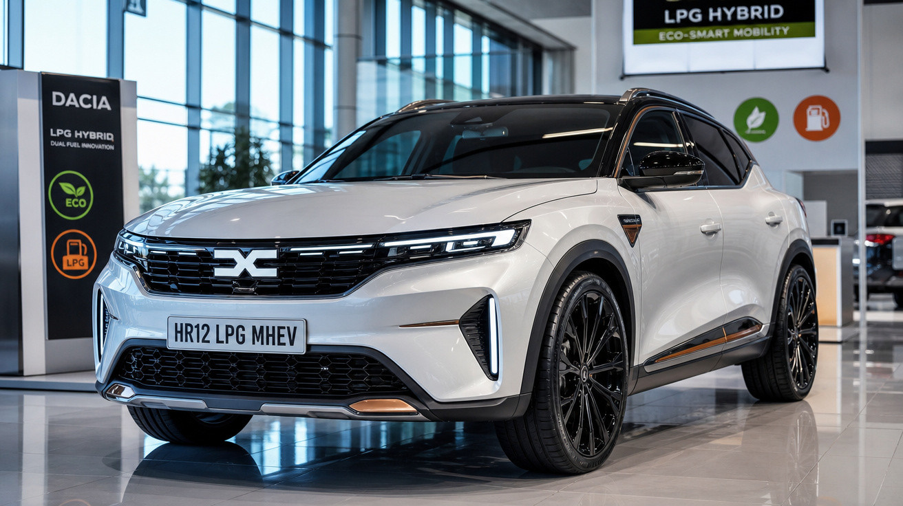 Carro SUV branco Dacia híbrido LPG estacionado em showroom moderno com grandes janelas de vidro.