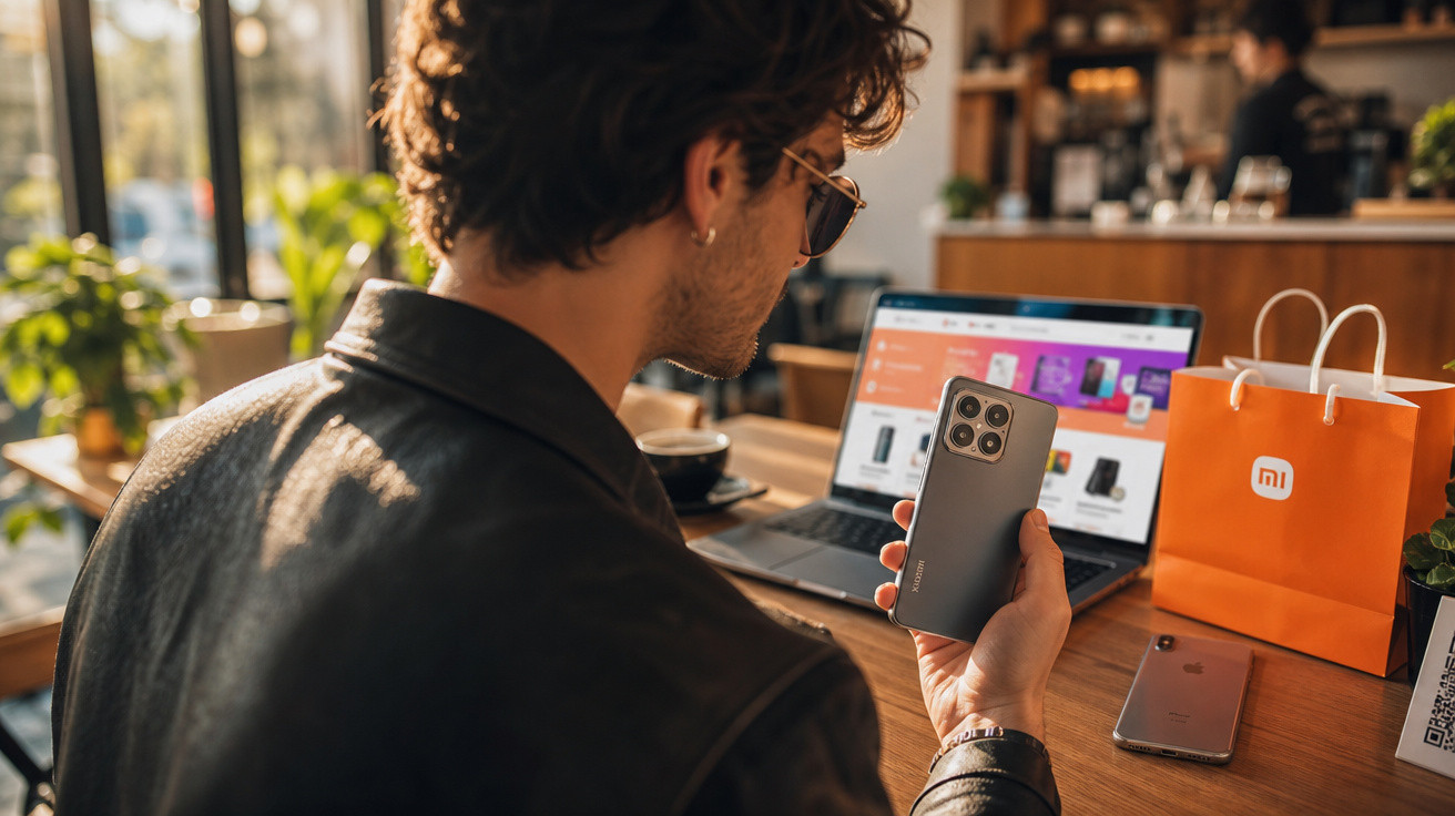 Homem sentado em café segurando smartphone Xiaomi, com laptop e sacola da marca na mesa.