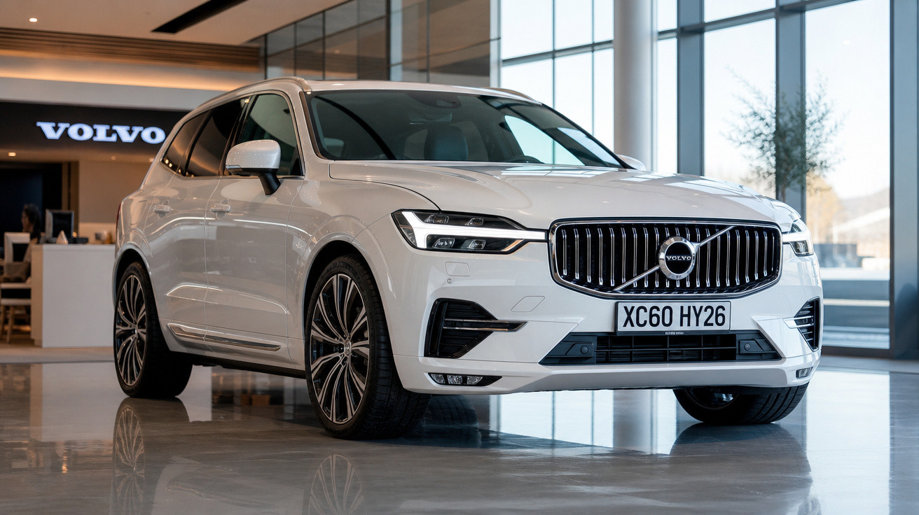 SUV branco Volvo XC60 estacionado em showroom moderno com iluminação natural e logo Volvo ao fundo.