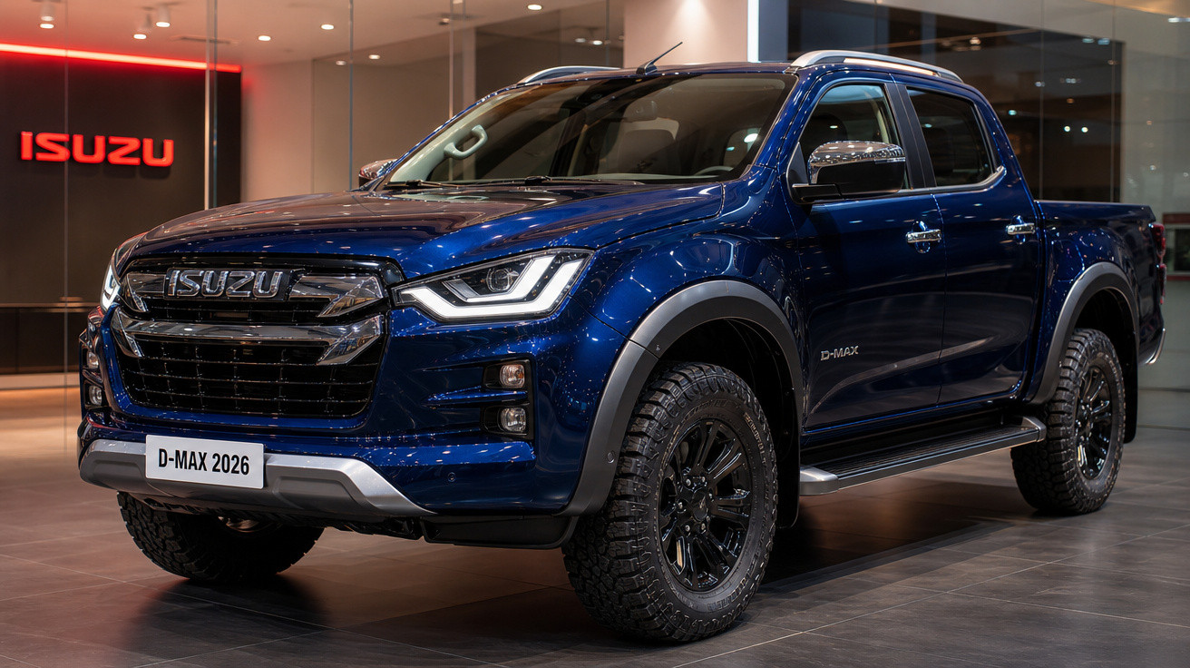 Picape azul Isuzu D-Max 2026 exposta em showroom moderno.