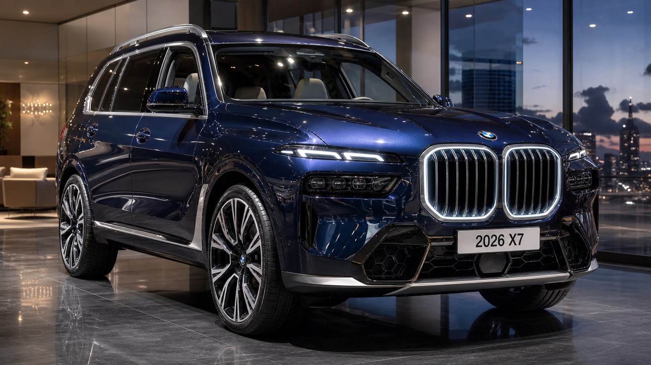 SUV BMW X7 azul escuro exibido em ambiente interno com iluminação moderna e janela panorâmica.