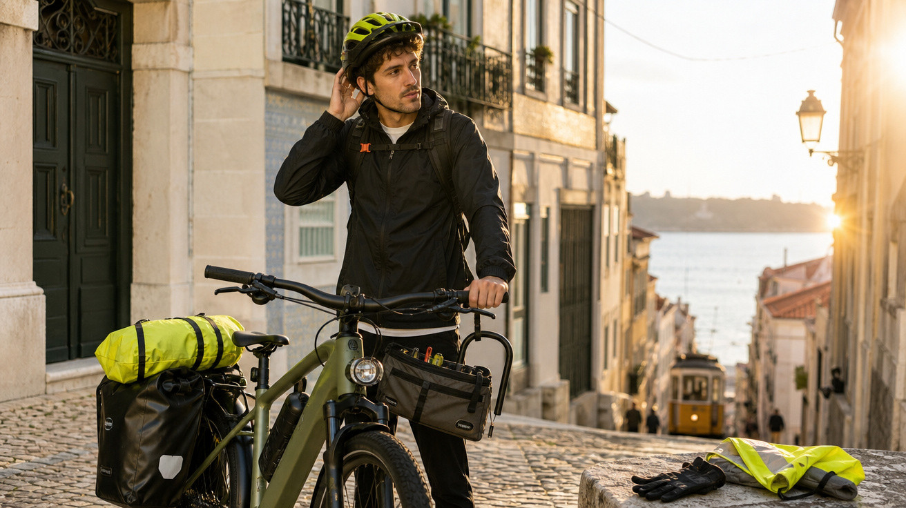 Homem com capacete verde e roupa preta andando de bicicleta em rua estreita de paralelepípedo ao pôr do sol.