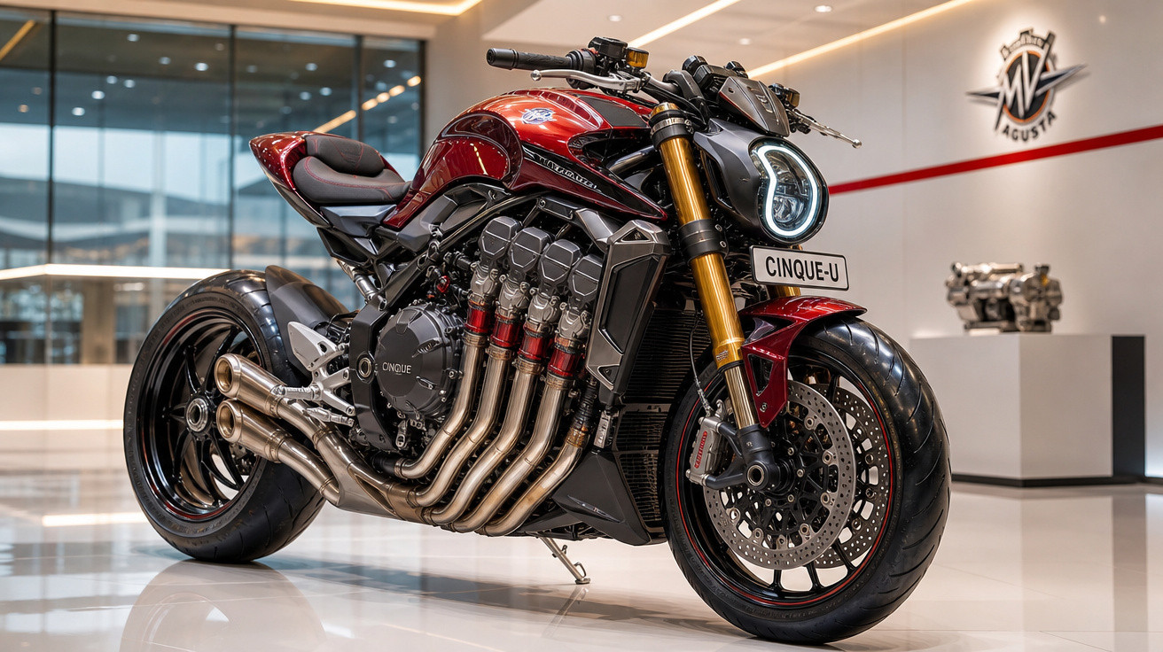 Motocicleta MV Agusta modelo Cinque-U vermelha exibida em ambiente interno sofisticado.
