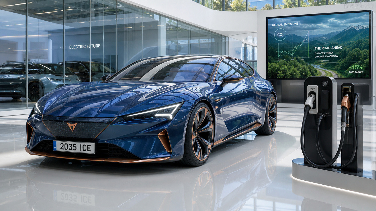 Carro elétrico azul esportivo estacionado em showroom com estação de carregamento e tela sobre emissões globais.