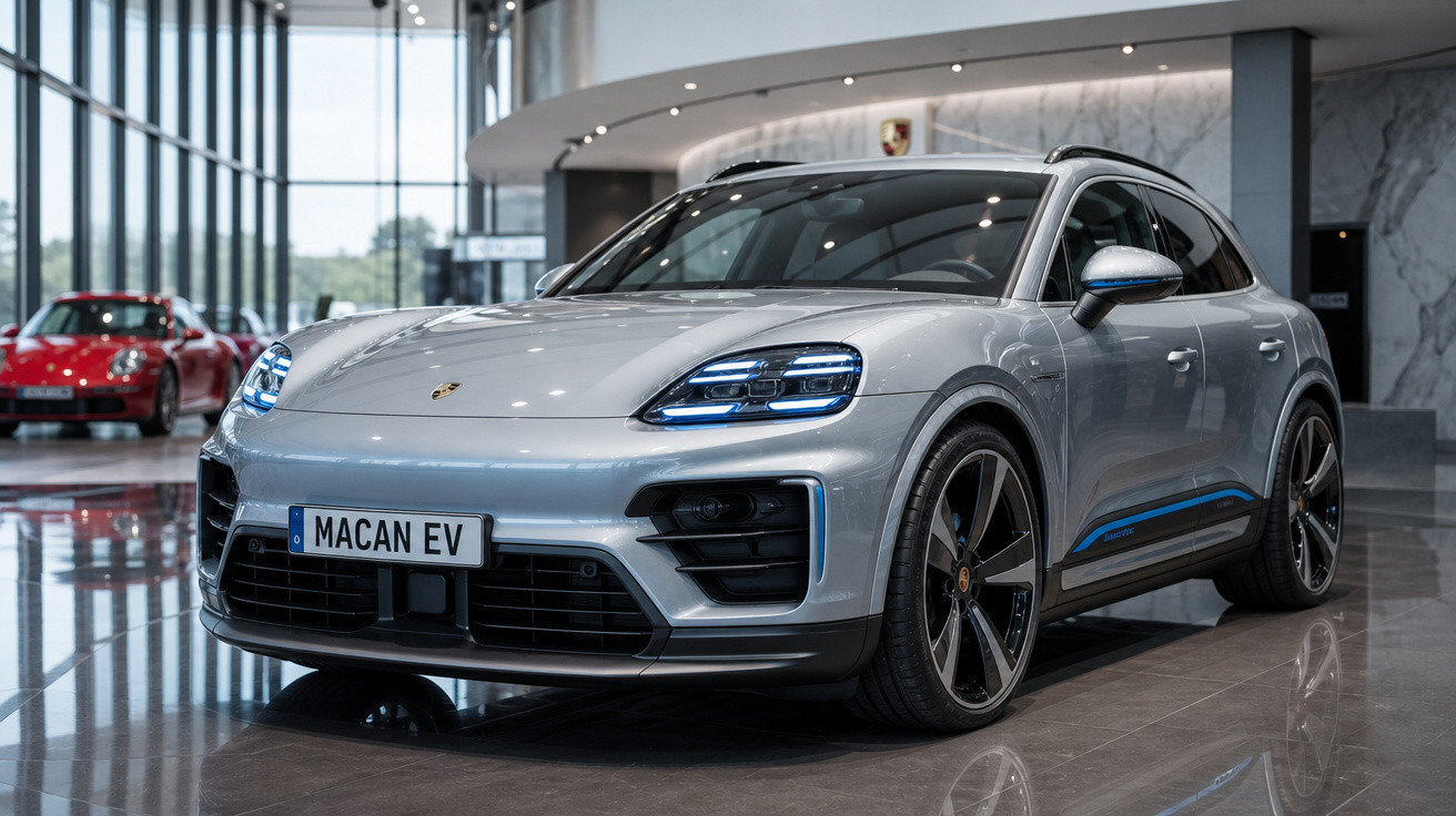 Carro elétrico Porsche Macan EV prata em showroom moderno com piso refletivo e luz natural intensa.