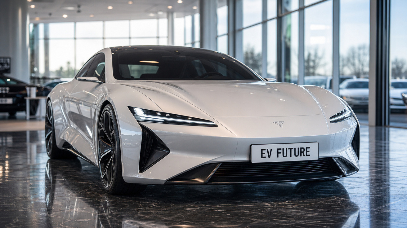 Carro esportivo elétrico branco estacionado em showroom com placa escrita EV FUTURE.