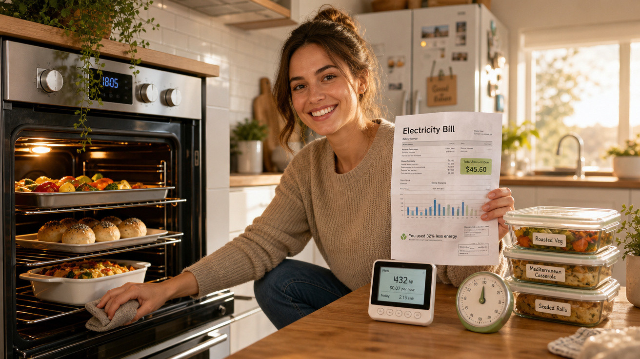 Mulher sorridente na cozinha segurando conta de luz e limpando forno com refeições prontas ao lado.