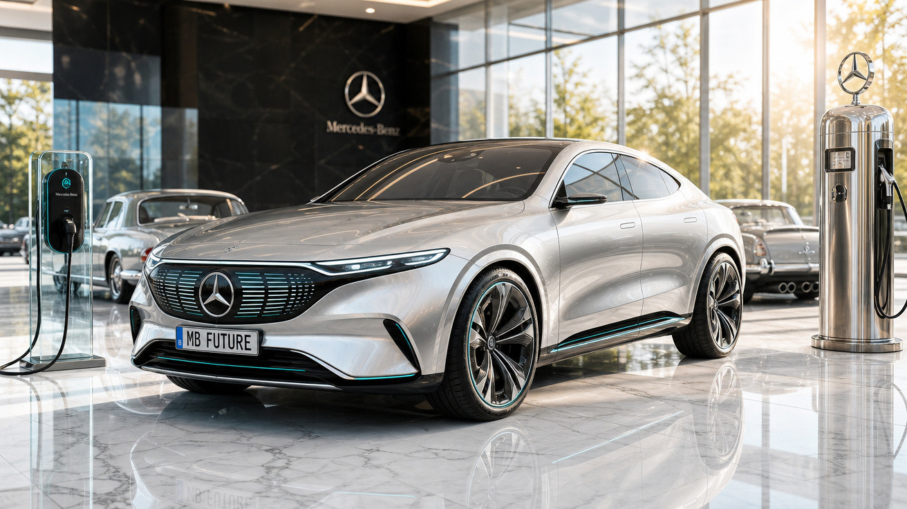 Carro elétrico prata Mercedes-Benz modelo MB Future em showroom com carregadores ao lado.