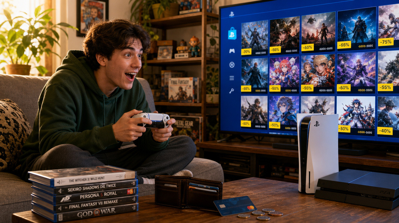 Jovem animado jogando videogame com controle, jogos PS5 empilhados e console ao lado da TV.