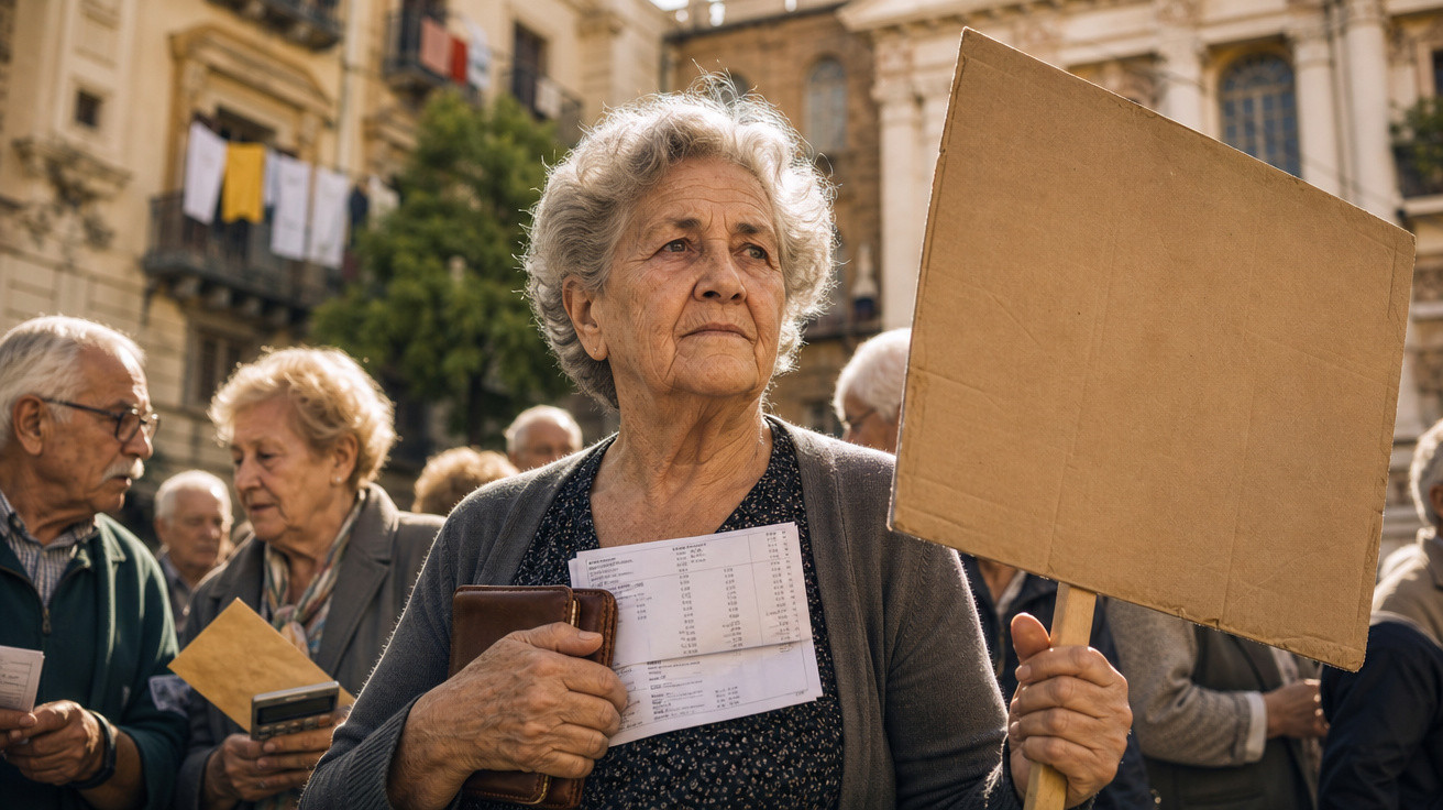 Mulher idosa segura placa em branco e documentos durante protesto de idosos em área urbana.