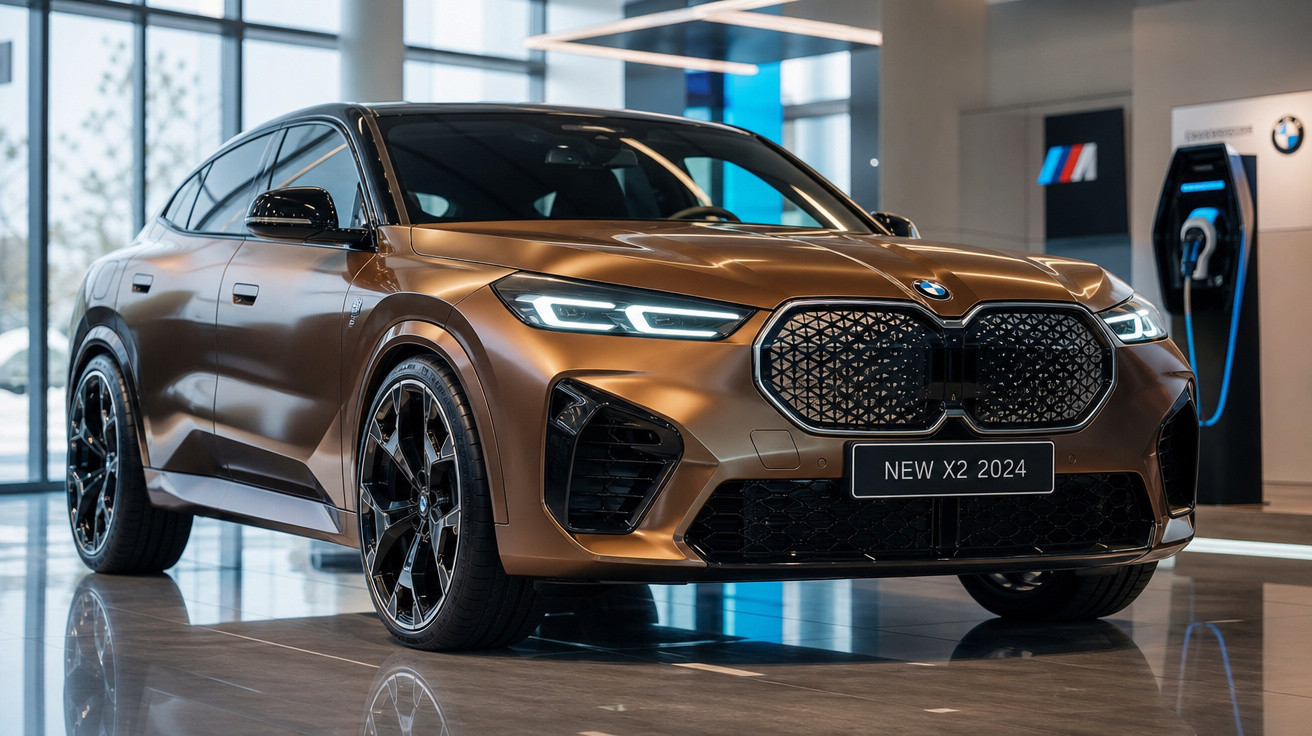 Carro BMW New X2 2024 dourado em exposição interna com iluminação moderna e tomada de carregamento ao fundo.