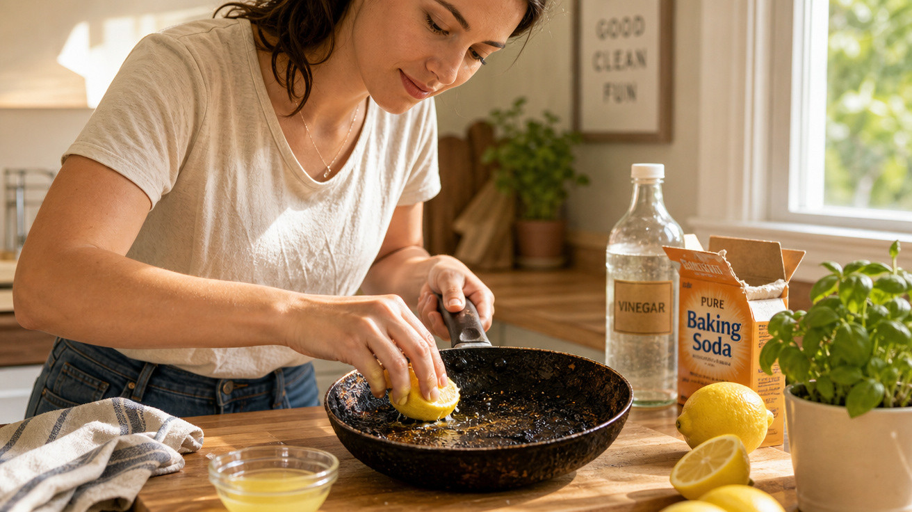 Mulher limpando frigideira com limão na cozinha, com vinagre, bicarbonato e plantas ao fundo.