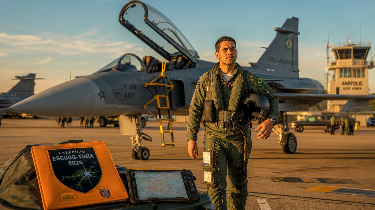 Piloto da Força Aérea Brasileira em pista com caça Gripen e equipamentos durante exercício Escudo-Tínia 2026.