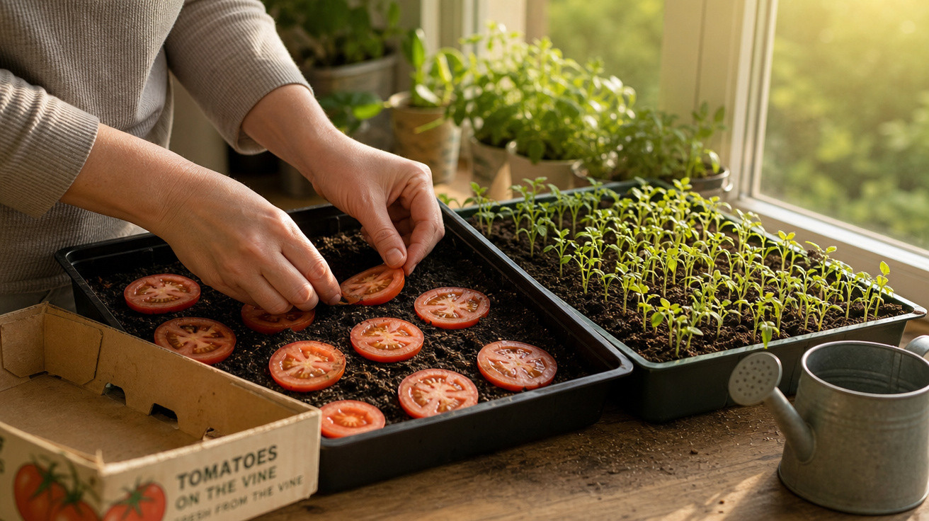 Mãos plantando fatias de tomate em bandeja com terra ao lado de mudas em bandeja próxima a janela.