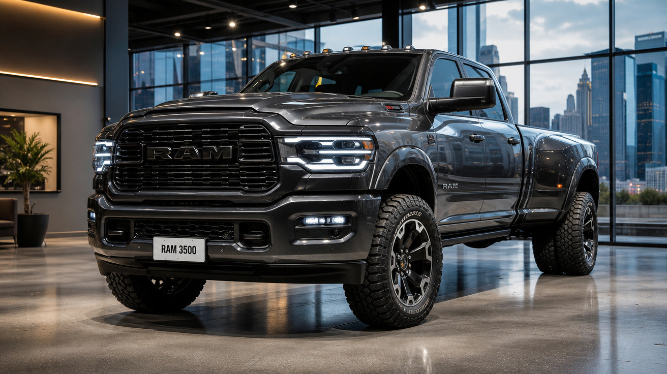 Picape Ram 3500 preta estacionada em showroom moderno com grandes janelas e vista urbana ao fundo.