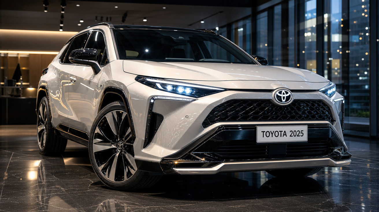 SUV Toyota 2025 branco exibido em showroom com design moderno e faróis de LED acesos.