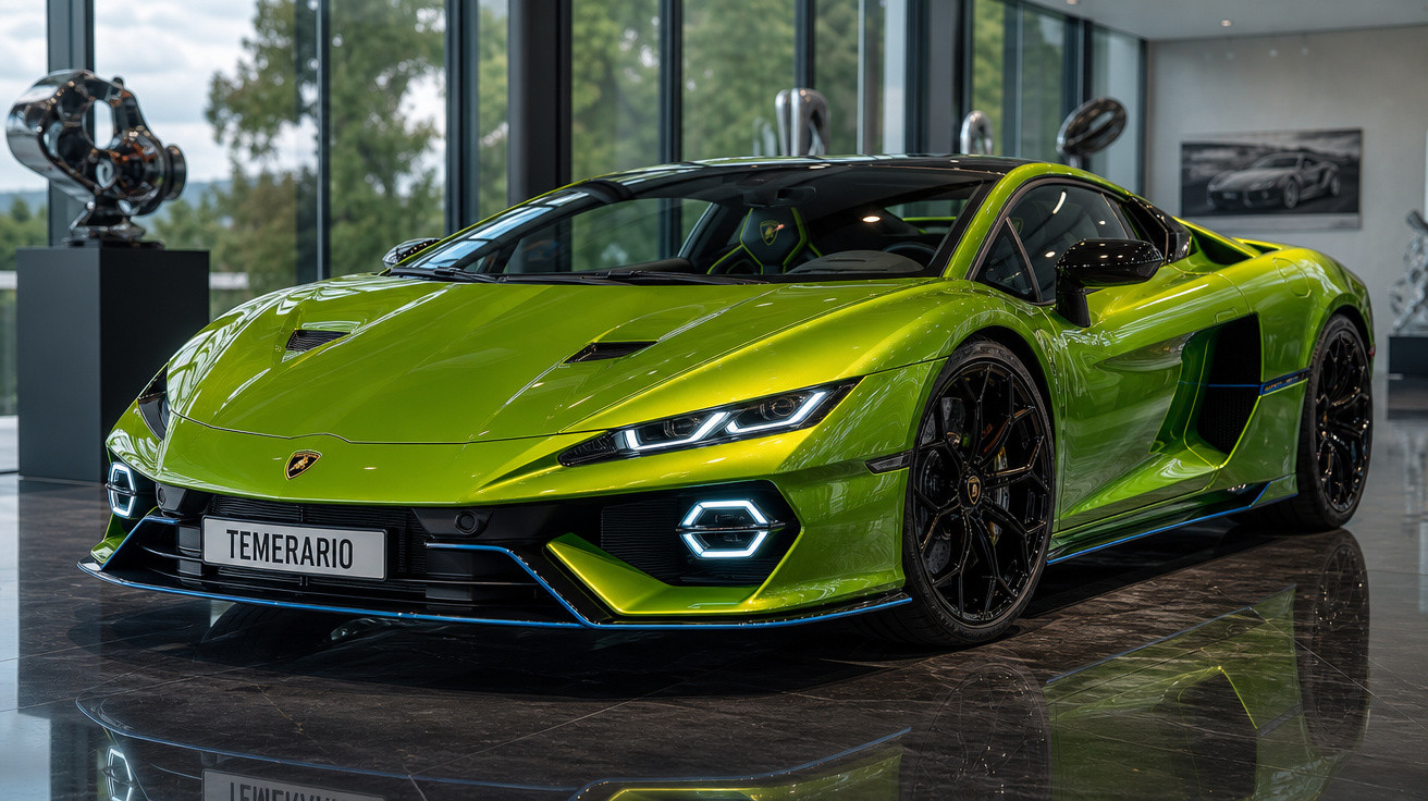 Carro esportivo Lamborghini Verde Temeraririo exposto em showroom com acabamento brilhante e rodas pretas.