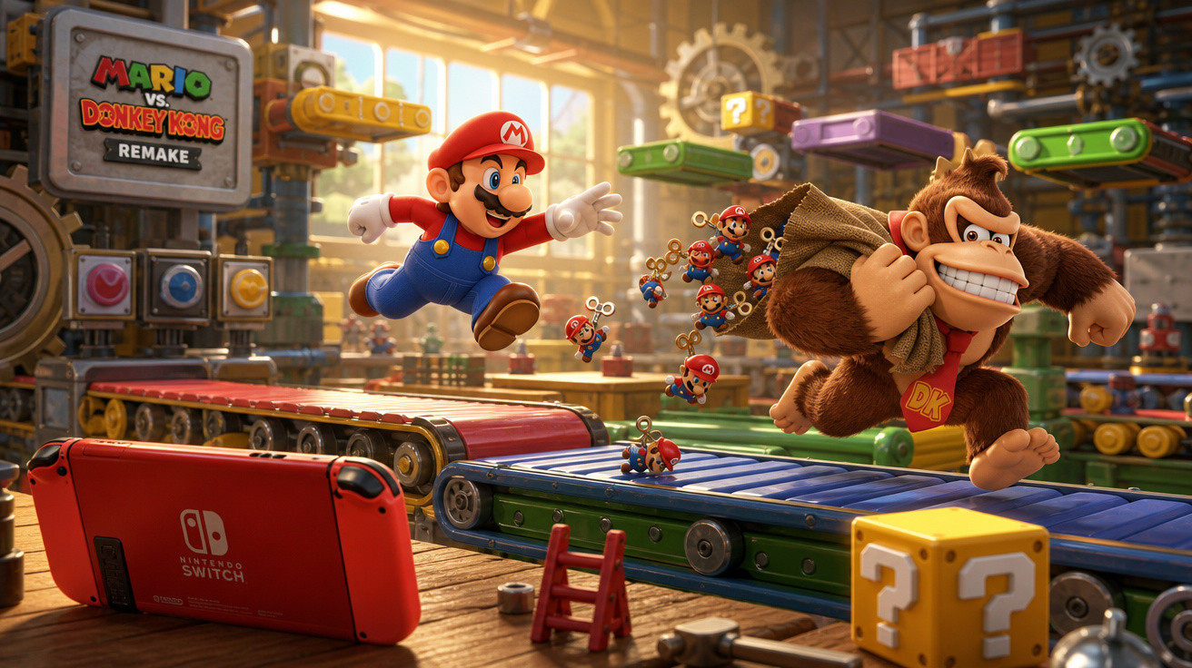 Cena do jogo Mario vs. Donkey Kong Remake com Mario perseguindo Donkey Kong em esteiras mecânicas.