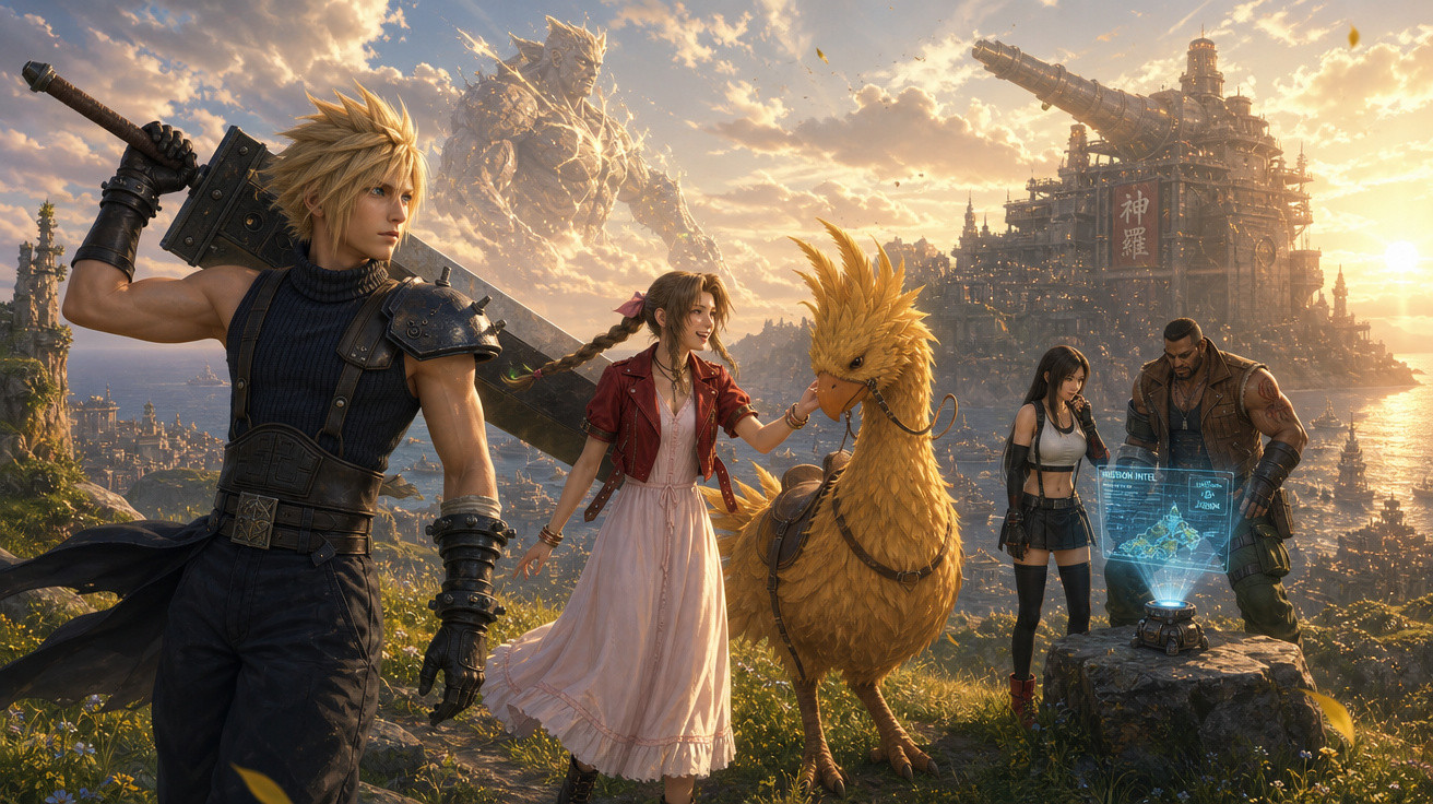 Grupo de personagens de Final Fantasy com Chocobo em cenário de fantasia ao pôr do sol.