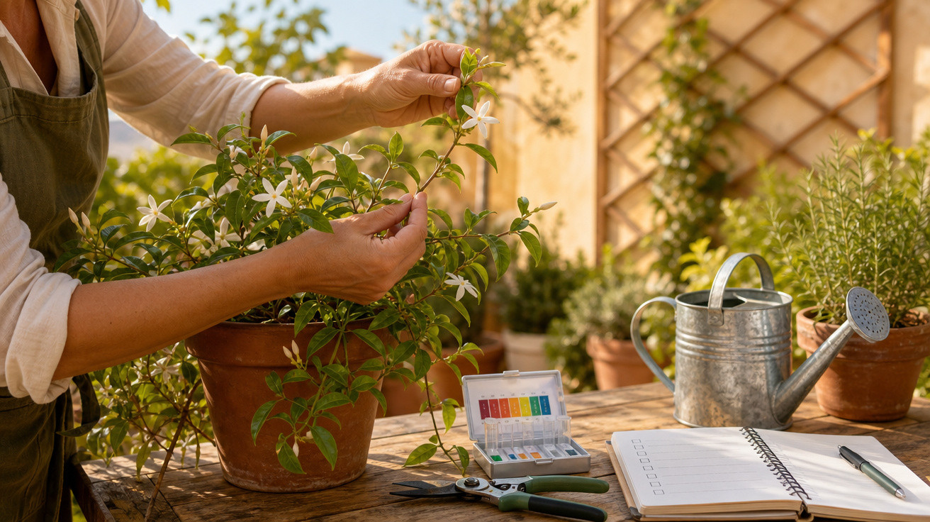 Pessoa cuidando de planta com flores brancas em vaso, ao lado de regador, caderno e ferramentas em mesa de madeira.
