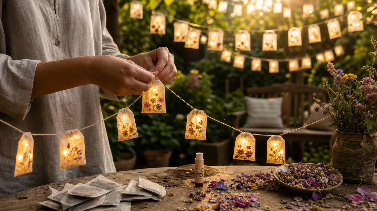 Pessoa montando cordão de luzes decorativas com flores secas em ambiente externo ao entardecer.