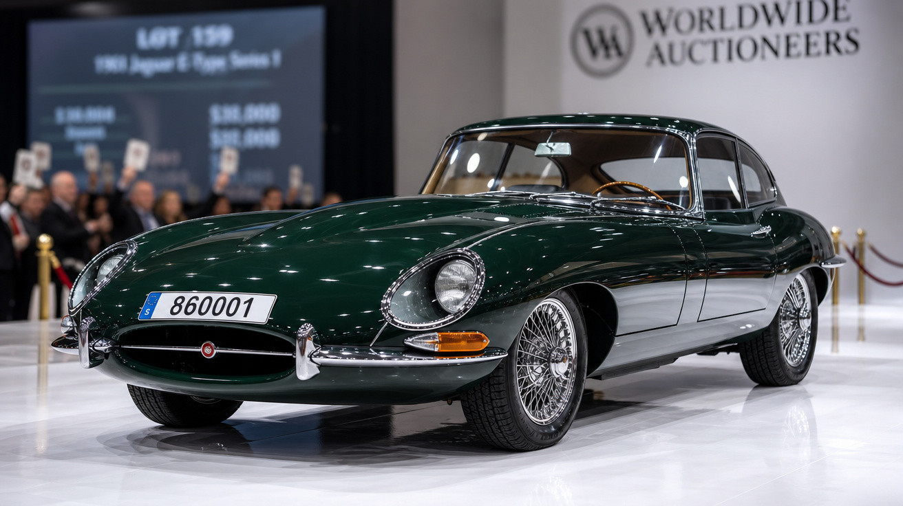 Carro clássico Jaguar E-Type verde exibido em leilão da Worldwide Auctioneers com público ao fundo.