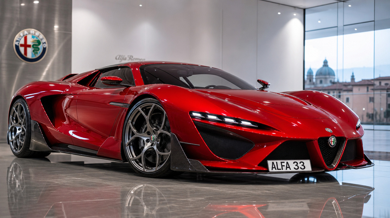 Carro esportivo vermelho Alfa Romeo com design futurista em showroom moderno e piso espelhado.