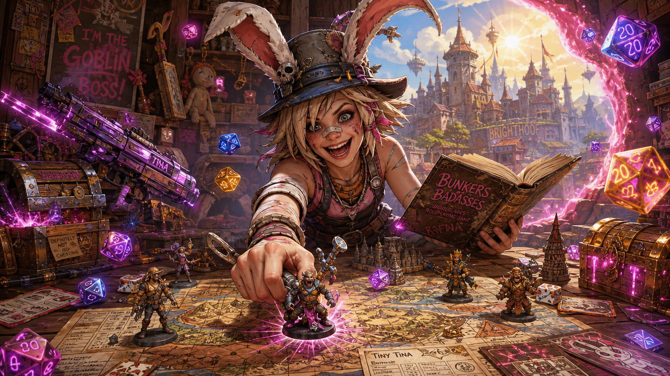 Personagem com orelhas de coelho e chapéu manipula miniatura em jogo de tabuleiro de fantasia vibrante.
