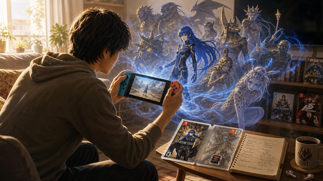Jovem joga videogame Nintendo Switch com personagens fantásticos flutuando em sua frente.
