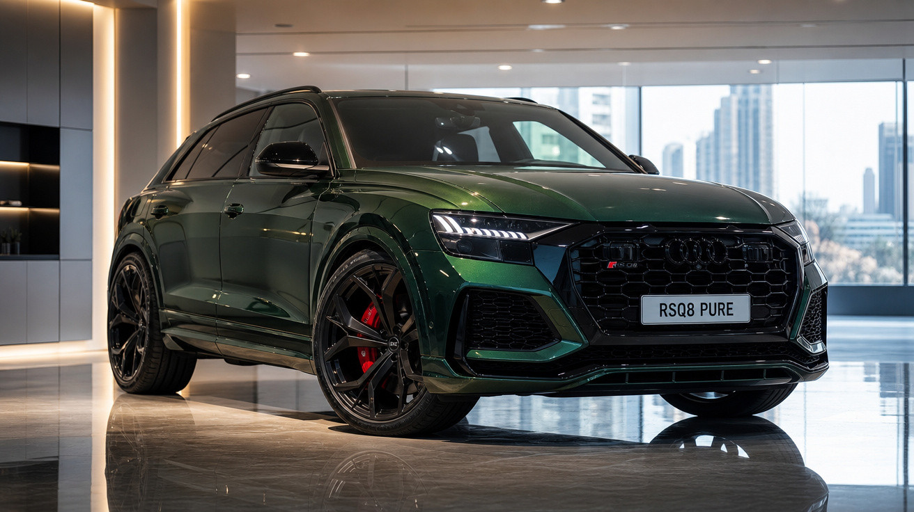 Audi RS Q8 verde metálico em showroom moderno com vidros grandes e piso brilhante.