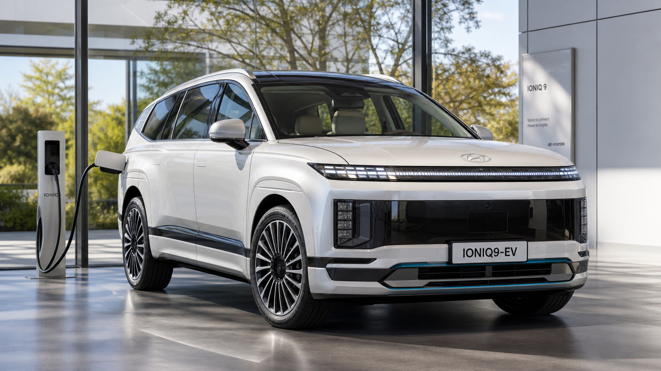 SUV elétrico branco Hyundai Ioniq 9 conectado a carregador em showroom moderno e iluminado.