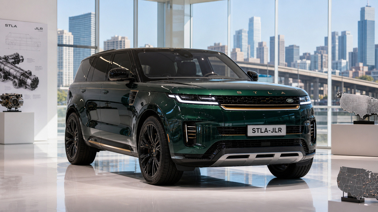 SUV verde escuro em exposição na frente de janelas amplas com vista para arranha-céus urbanos.