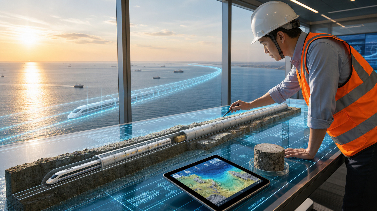Engenheiro vistoria maquete e projeto digital de trem de alta velocidade próximo ao mar.