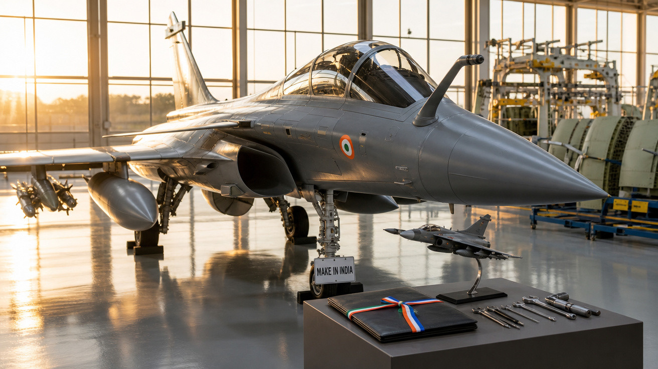 Avião de caça cinza estacionado em hangares com miniatura e itens em mesa próxima.