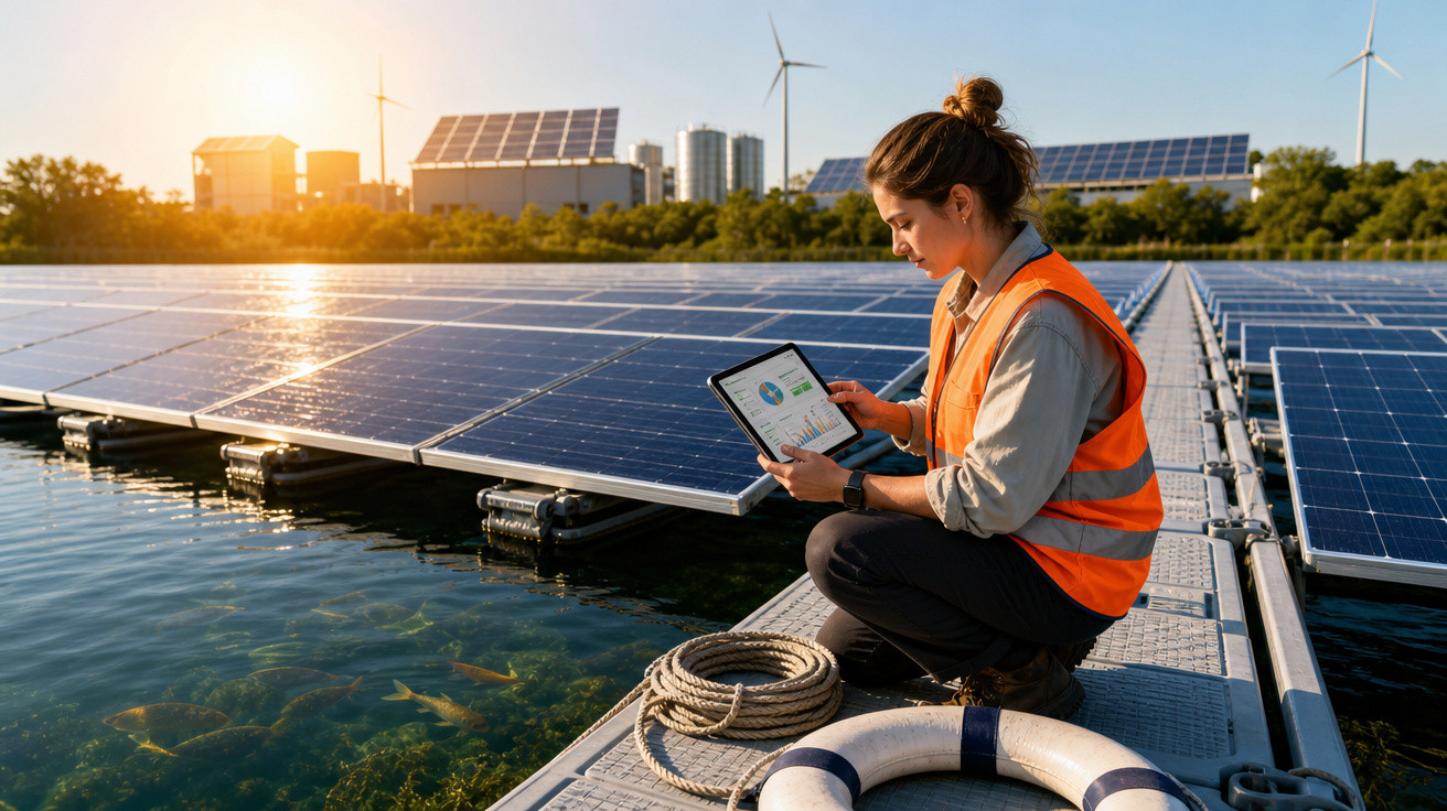 Mulher com colete laranja analisa dados em tablet ao lado de painéis solares flutuantes sobre água.