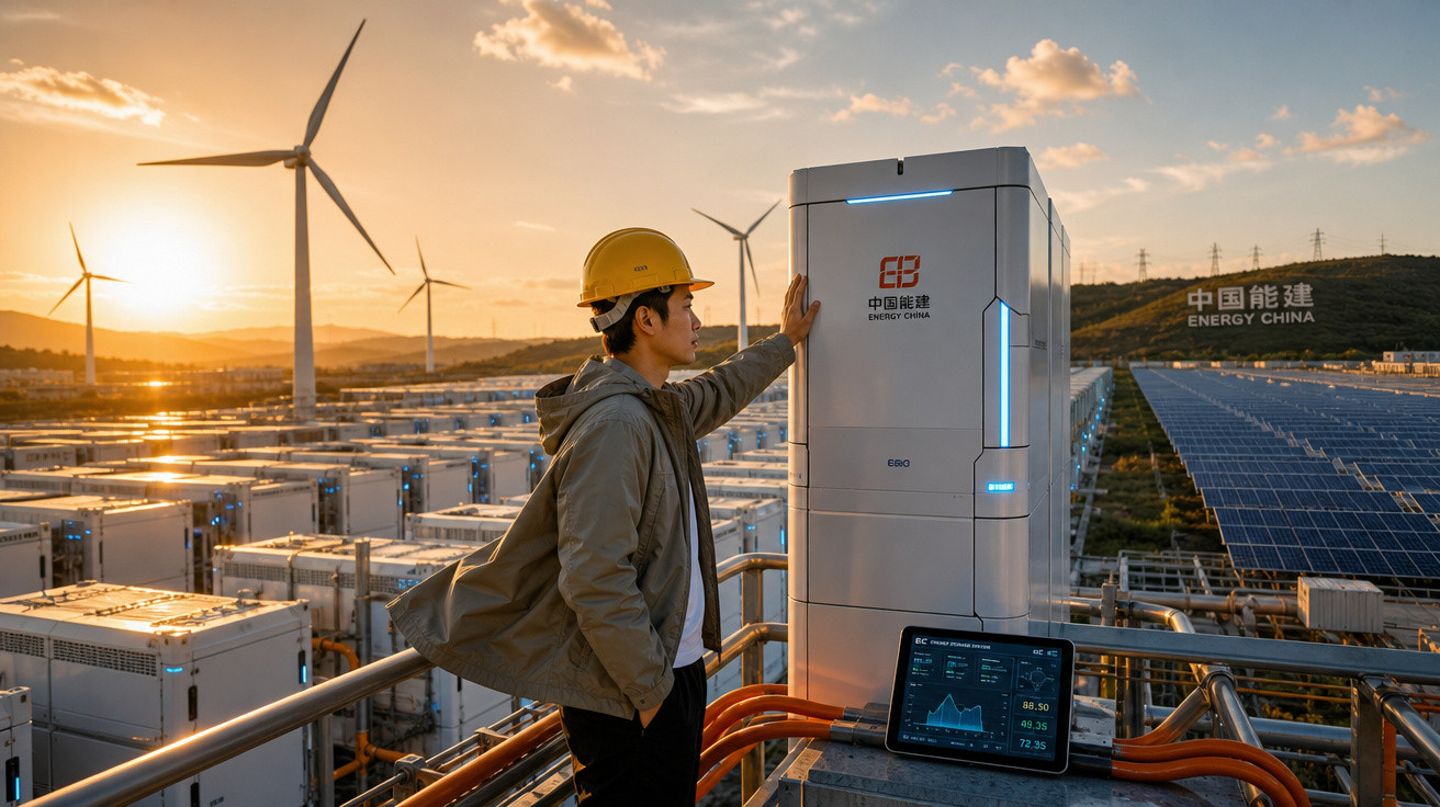 Homem com capacete observa painel de energia renovável com turbinas eólicas e painéis solares ao pôr do sol.