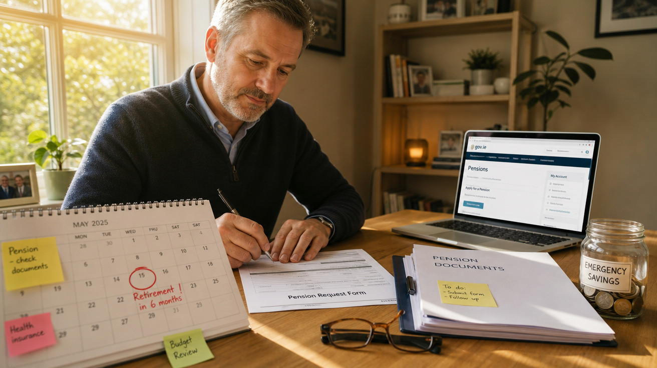 Homem preenchendo formulário de pedido de pensão em mesa com calendário, documentos e cofrinho de economia.