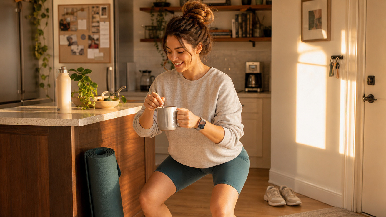 Mulher sorridente em roupas esportivas segurando caneca na cozinha com tapete de yoga ao lado.