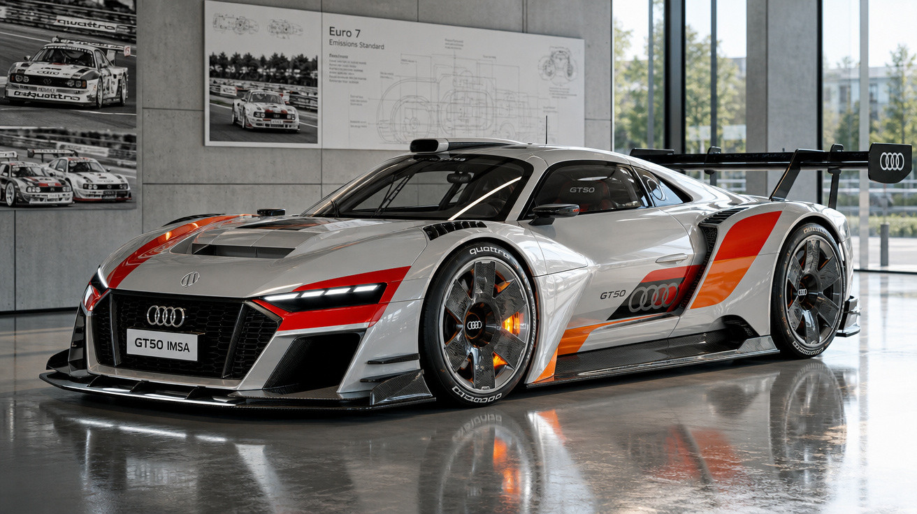 Carro esportivo Audi GT50 IMSA branco com detalhes em vermelho e laranja em display interno moderno.