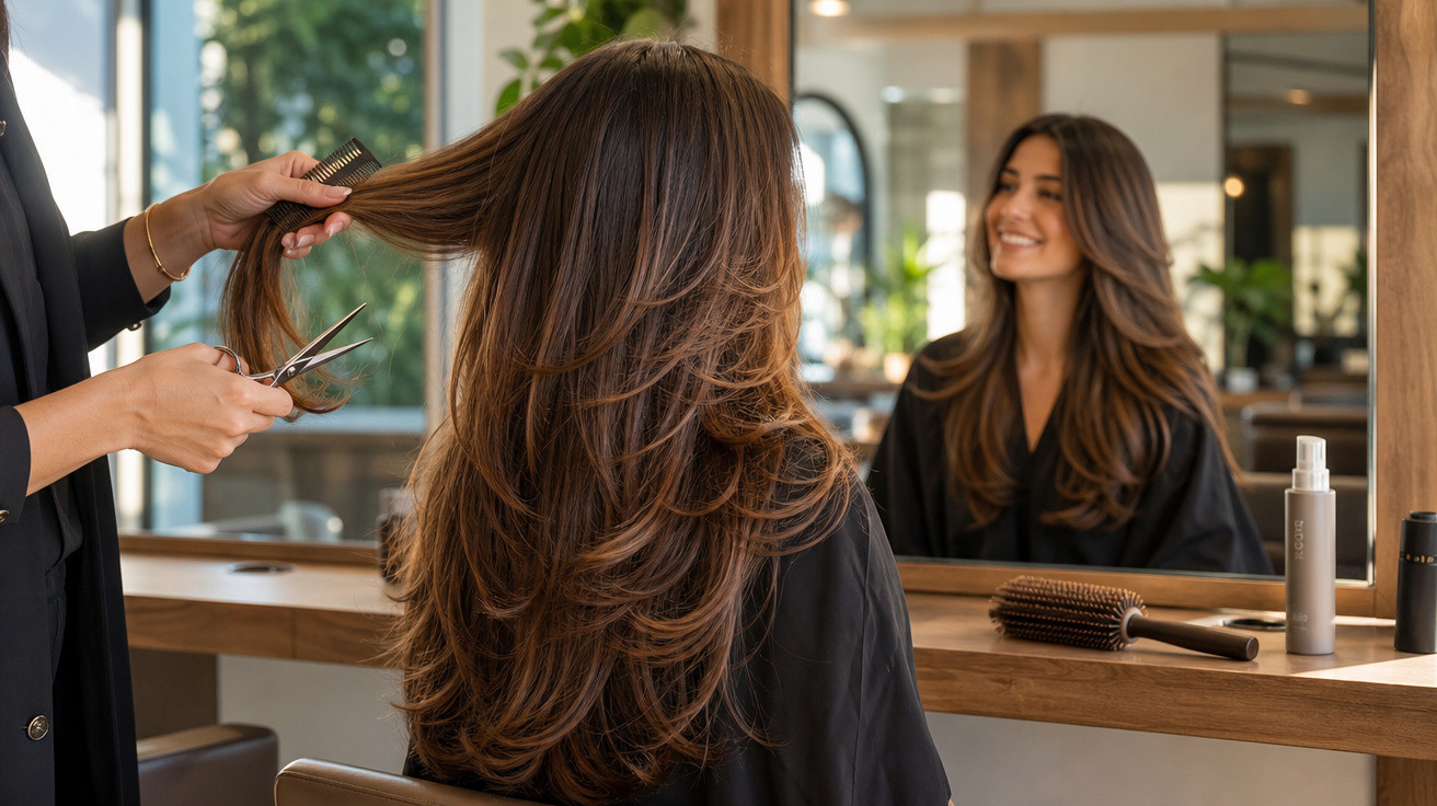 Mulher sorrindo no salão de beleza enquanto cabeleireiro corta seu cabelo longo e castanho.
