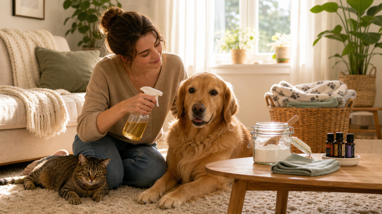 Mulher sentada no tapete de sala borrifando spray em cachorro Golden Retriever com gato ao lado.