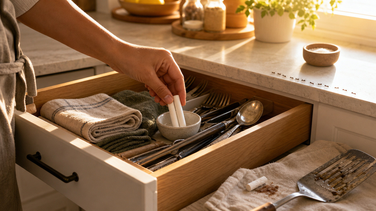 Mão guardando giz branco em recipiente dentro de gaveta com talheres e panos na cozinha iluminada pelo sol.