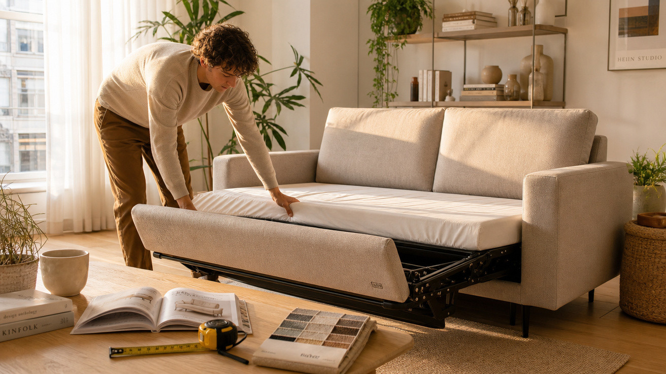 Homem ajustando cama retrátil embutida em sofá bege em sala de estar iluminada.