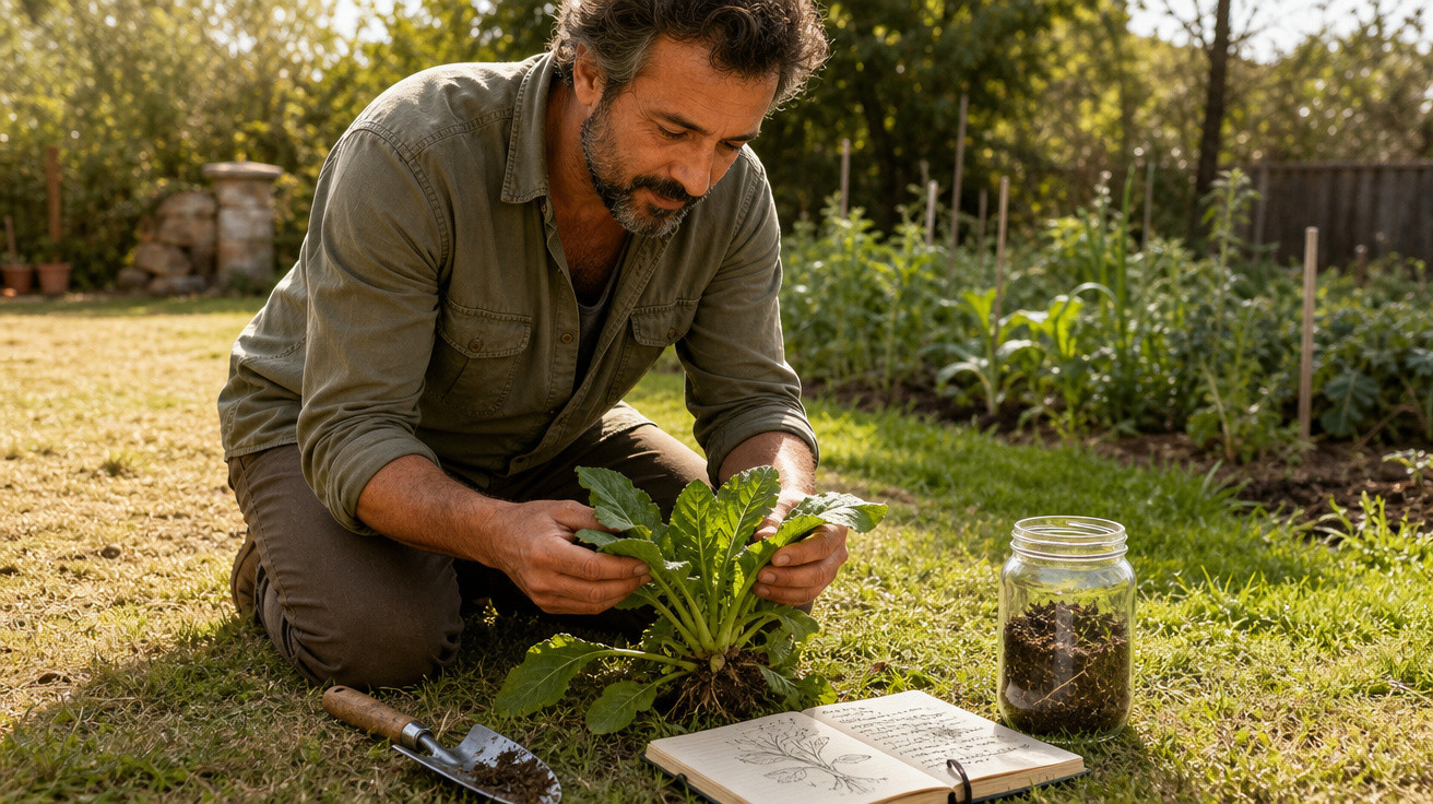 Homem ajoelhado cuida de planta em jardim com livro ilustrado aberto e frasco de sementes ao lado.