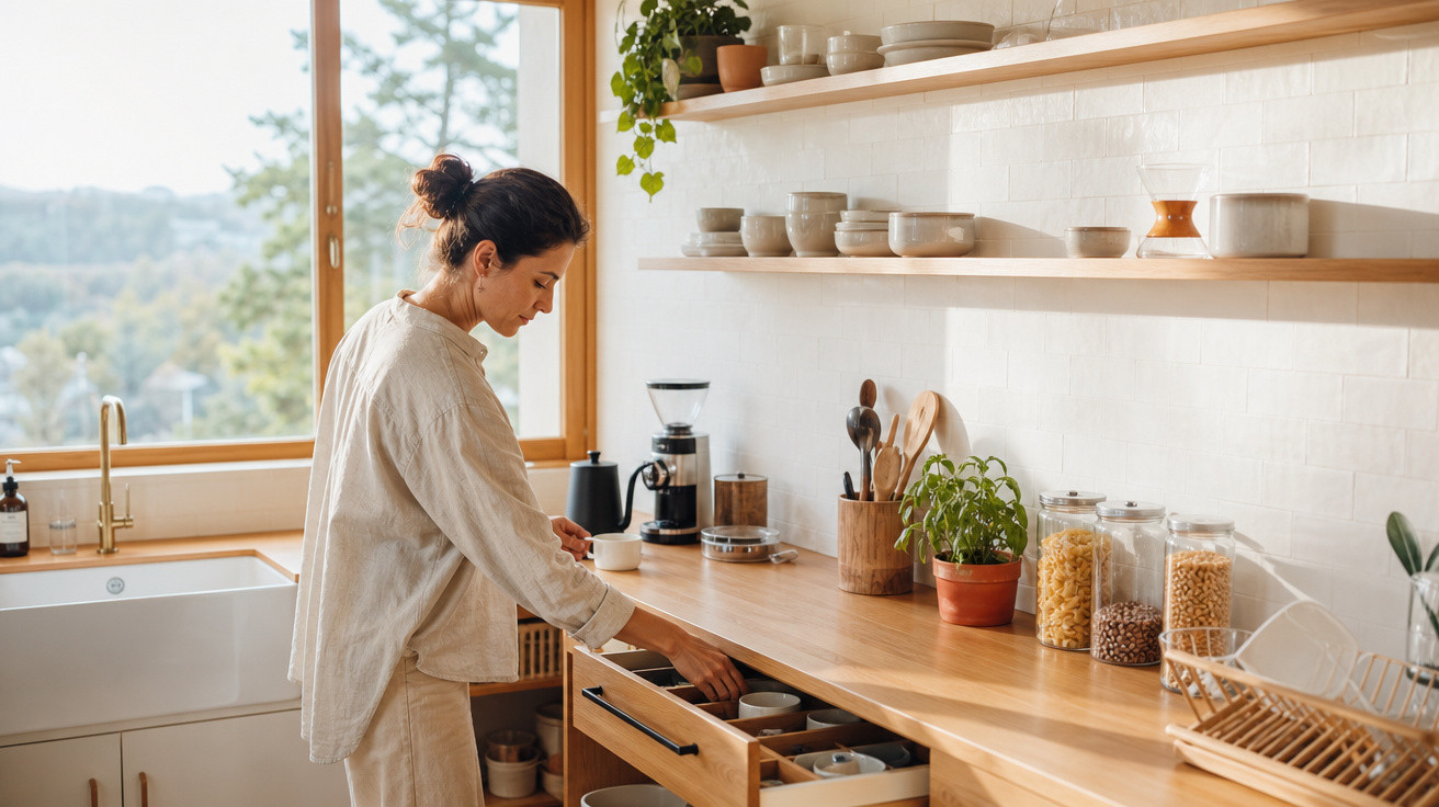 Mulher abrindo gaveta na cozinha clara com bancada de madeira, plantas e utensílios organizados.