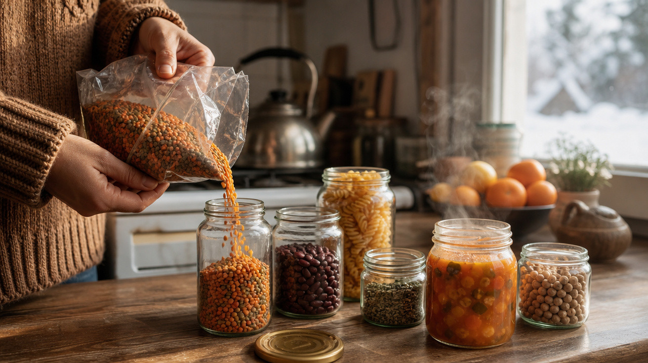 Pessoa enchendo pote de vidro com lentilhas em cozinha rústica com vários potes de alimentos secos na mesa.