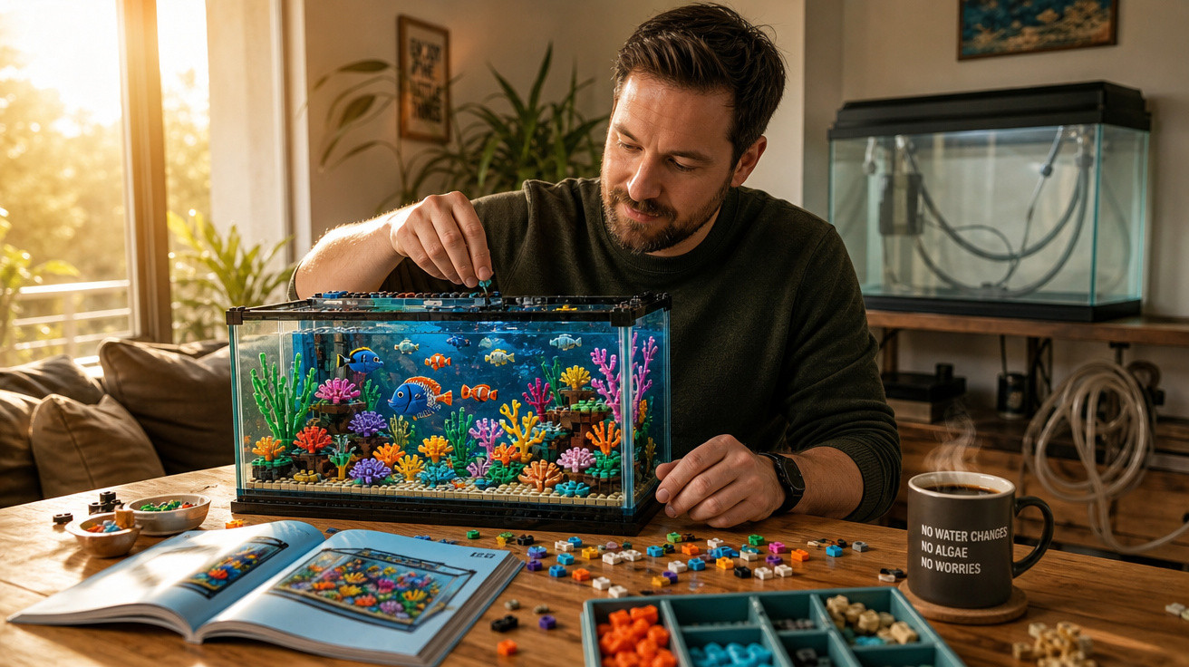 Homem montando aquário de blocos de montar coloridos em mesa com livro aberto e xícara de café.