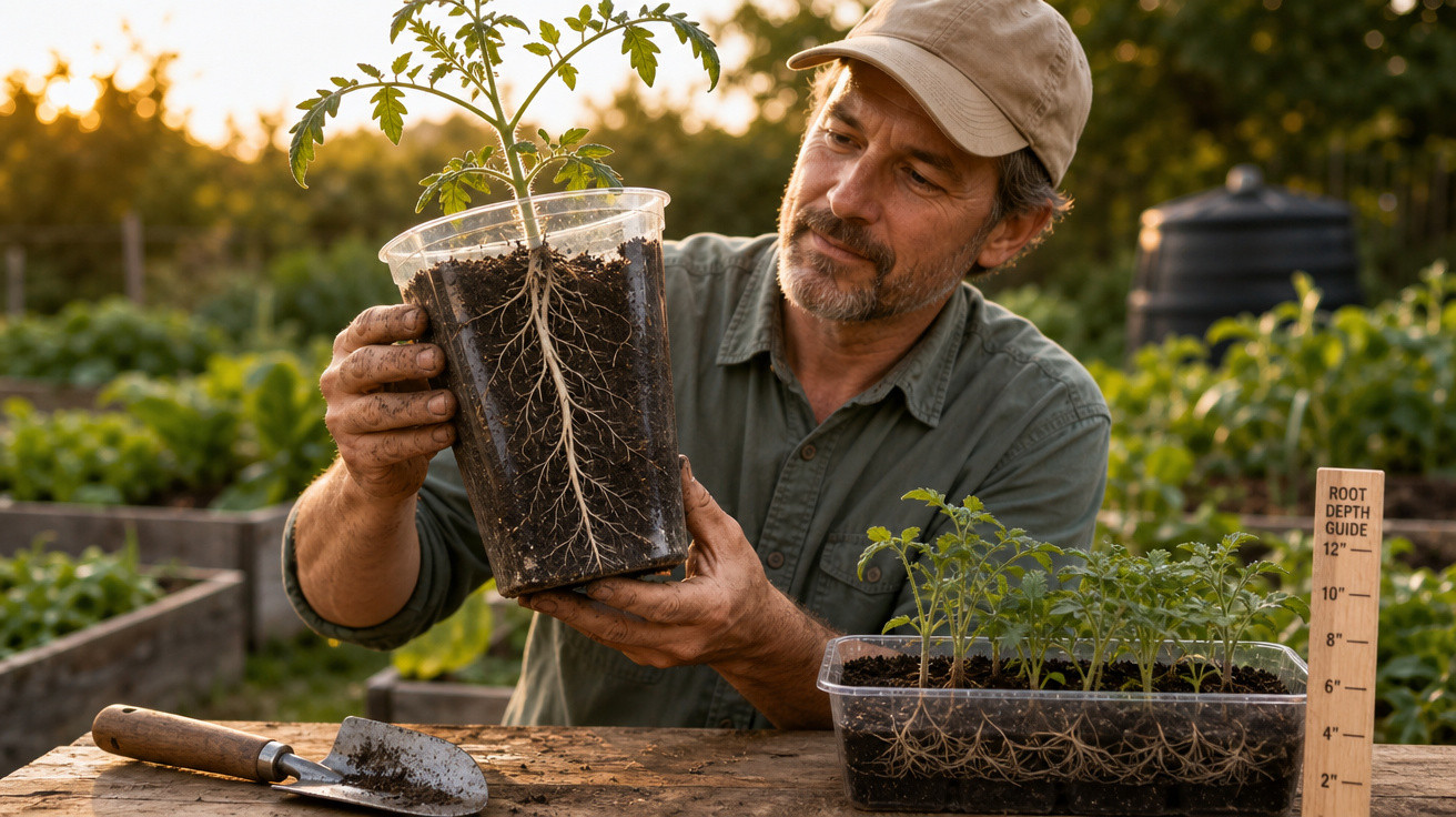 Homem com boné segura vaso transparente mostrando raízes de planta em hortaliça ao ar livre.