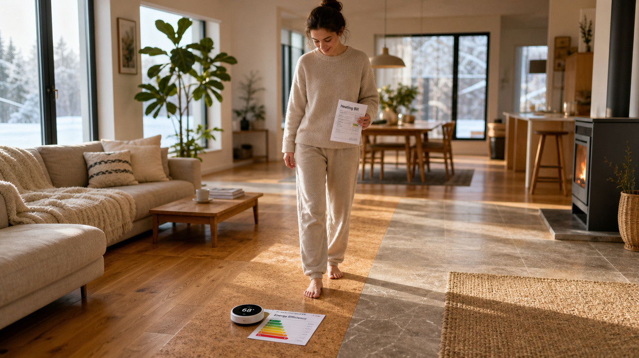Mulher em roupa confortável verifica eficiência energética de aquecedor em ambiente iluminado e aconchegante.