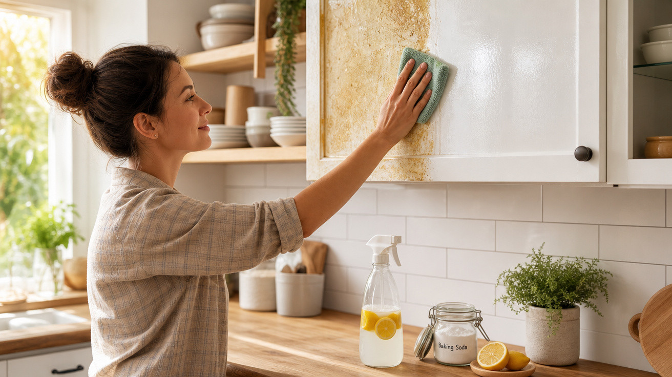 Mulher limpando armário de cozinha com esponja, spray caseiro e bicarbonato de sódio na bancada.